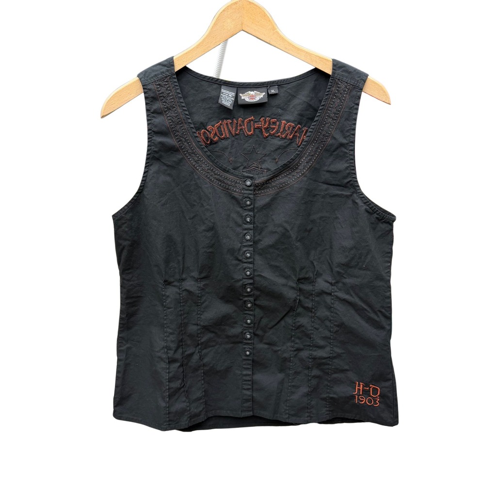 Harley-Davidson Womens‎ XL Black Embroidered Vest Biker Moto Button Front - Picture 2 of 8